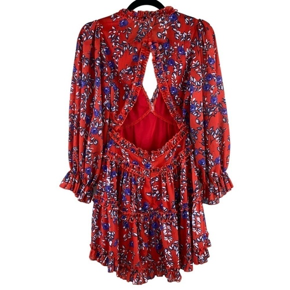 L'ATISTE by Amy‎ Anthropologie Red Floral Long Sleeve Open Back Short Dress Sz S - Picture 3 of 14